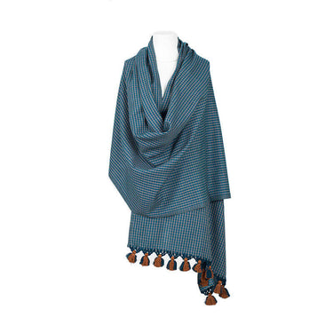 Shawl Blue with Pom poms - Extra Large Elegant and Fairtrade - Quetzal Artisan