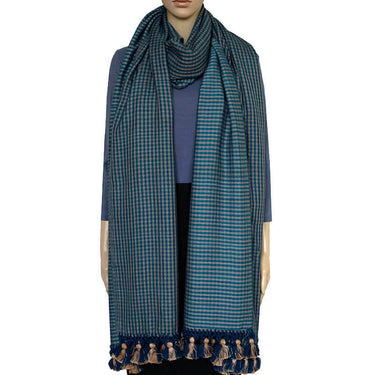 Shawl Blue with Pom poms - Extra Large Elegant and Fairtrade - Quetzal Artisan