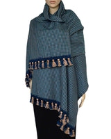 Shawl Blue with Pom poms - Extra Large Elegant and Fairtrade - Quetzal Artisan