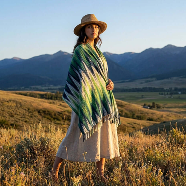 Shawl Indigo Hills - Eco-friendly Hand-dyed Green Scarf - Quetzal Artisan