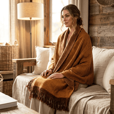 Shawl Brown Yellow - Extra Large Sustainable and Fairtrade - Quetzal Artisan