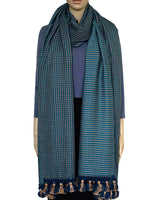 Shawl Blue with Pom poms - Oversized - Elegant and Fairtrade - Quetzal Artisan