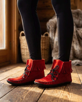  Red Short Boots - Women Native Canadian Fringed Ankle Boots - Quetzal Artisan