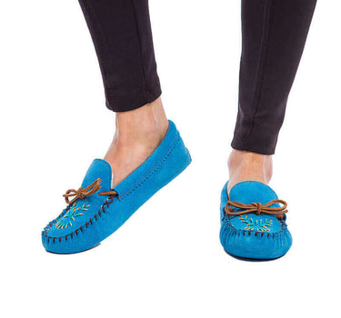 Suede Moccasins Skyblue - Indoors - Women Slippers Hiawatha - Quetzal Artisan