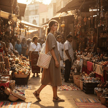 Vegan Handbag Ecru - Cotton Net Bag with Vegan Leather Pouch - Quetzal Artisan