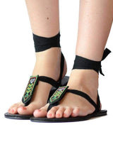 Sandals Black - Cotton Straps - Beads Accessory - Fairtrade - Quetzal Artisan